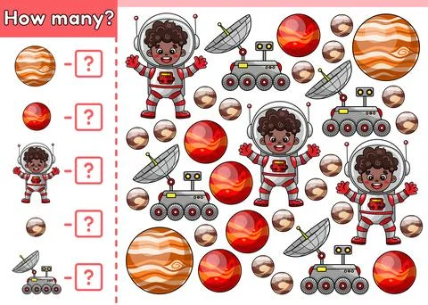 Kids math counting game How many space objects Stockillustratie