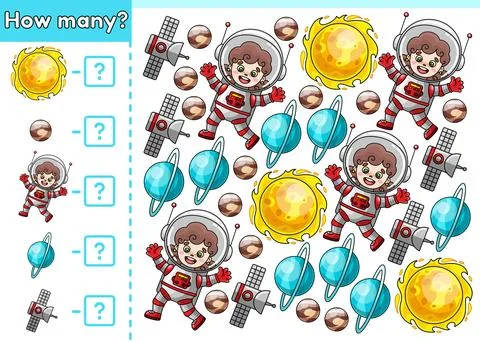 Kids math counting game How many space objects Stock Illustration