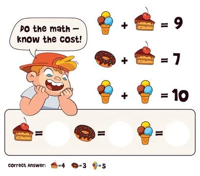 Kids math riddle. Solve dessert price equations and fill in the blanks. Stock Illustration