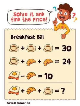 Kids math worksheet. Solve breakfast price equations Stock Illustration