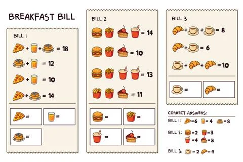 Kids math worksheet. Solve food price equations on three bills Stock Illustration