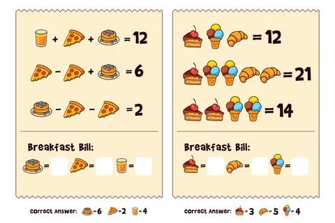 Kids math worksheet. Solve food price equations on two bills Stock Illustration