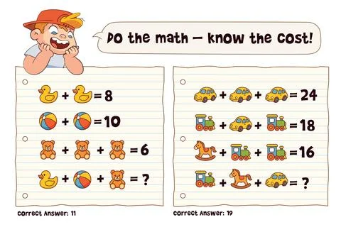 Kids math worksheet. Solve toy price equations on two pages Stock Illustration