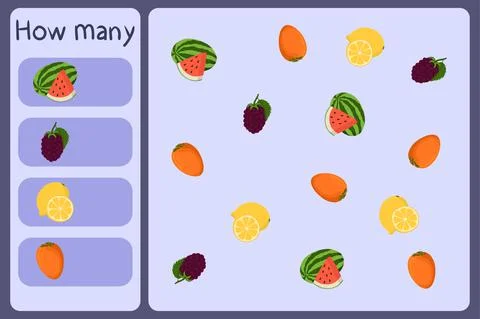 Kids mathematical mini game - count how many fruits - watermelon, blackberry Stock Illustration