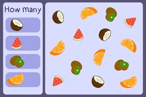 Kids mathematical mini game - count how many fruits - coconut, watermelon, kiwi Stock Illustration