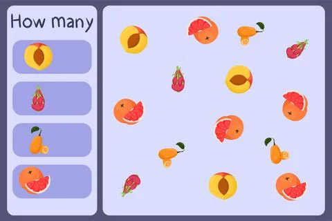 Kids mathematical mini game - count how many fruits - nectarine, dragon fruit Stock Illustration