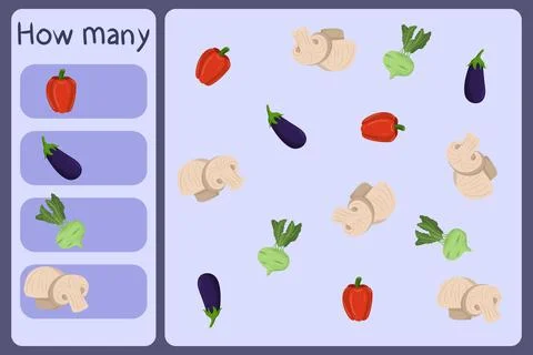 Kids mathematical mini game - count how many vegetables - pepper, eggplant Stock Illustration
