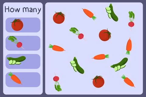 Kids mathematical mini game - count how many vegetables - tomato, radish Stock Illustration