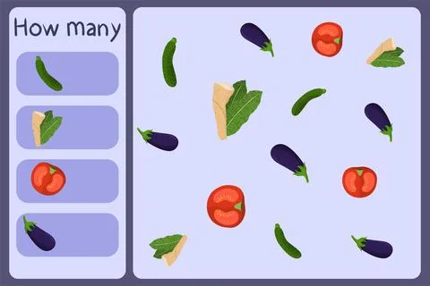 Kids mathematical mini game - count how many vegetables - zucchini, horseradish Stock Illustration