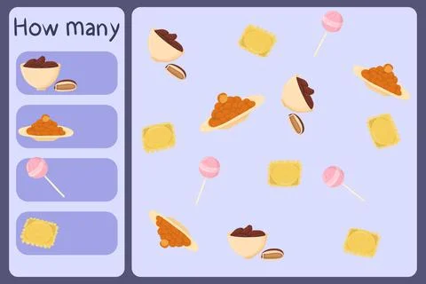 Kids mathematical mini game - count how many foods - dates, falafel, candy Stock Illustration