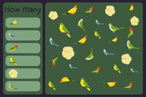 Kids mathematical mini game - count how many parrots and tropical florals - Stock Illustration
