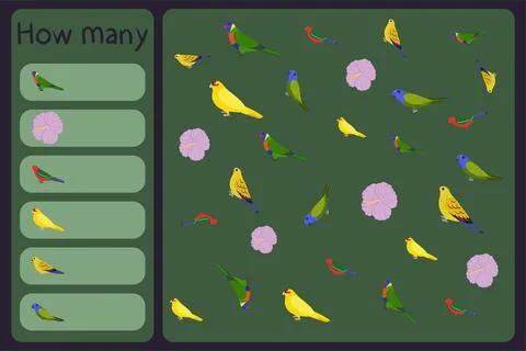 Kids mathematical mini game - count how many parrots and tropical florals - Stock Illustration