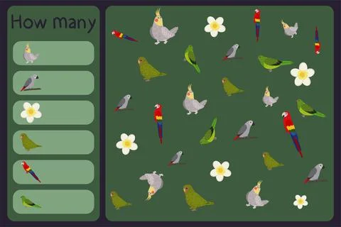 Kids mathematical mini game - count how many parrots and tropical florals - 스톡 일러스트