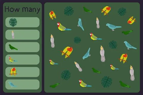 Kids mathematical mini game - count how many parrots and tropical florals - Stock Illustration