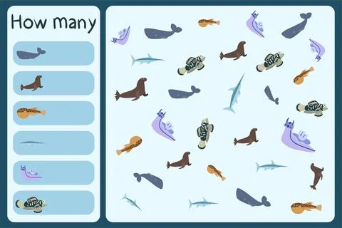 Kids mathematical mini game - count how many sea animals - spermwhale, sea lion Stock Illustration