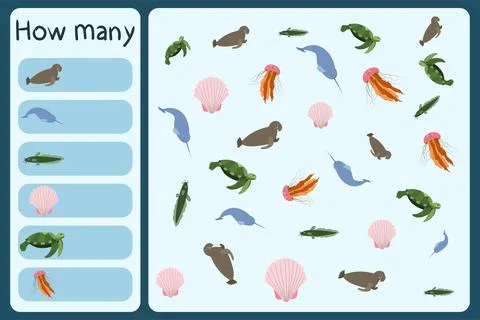 Kids mathematical mini game - count how many sea animals - sea elephant Stock Illustration
