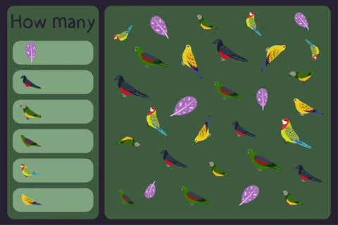 Kids mathematical mini game - count how many parrots and tropical florals - Stock Illustration