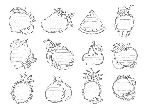 Kids memo note frame fruit black and white sticker Stock Illustration