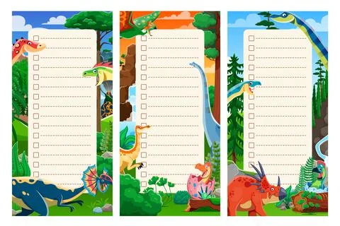 Kids memo note frames of cute dinosaurs in jungle Illustrazione stock
