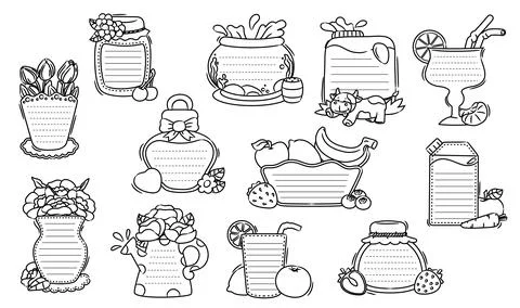Kids memo note frames of flowers, food and drinks Stock Illustration