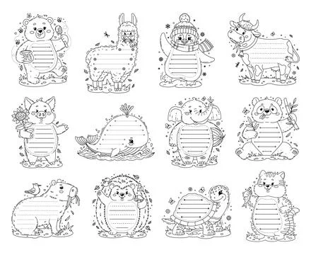Kids memo notes set, funny cartoon animals frames Stock Illustration
