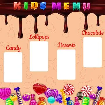 Kids Menu Candy, sweet different bonbon, lollipops,chocolate, jelly. Template Stock Illustration