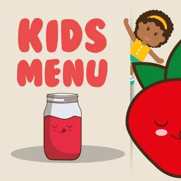 Kids menu girl juice strawberry nutrition poster Stock Illustration
