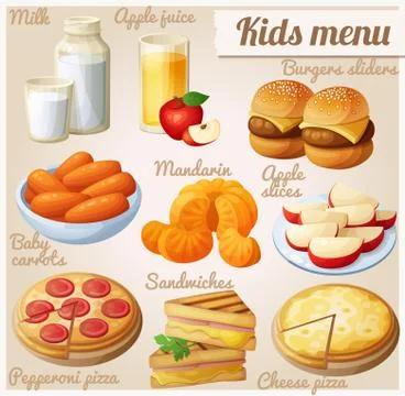 Kids menu. Set of cartoon vector food icons Stock Illustration