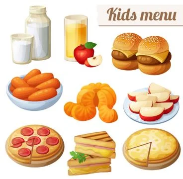 Kids menu. Set of cartoon vector food icons isolated on white background Stock Illustration