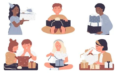 Kids open gift boxes set, happy excited children unwrap surprise present, untie Stock Illustration