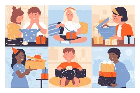 Kids open gift boxes set, happy cute boy and girl unwrap surprise present at Stock Illustration