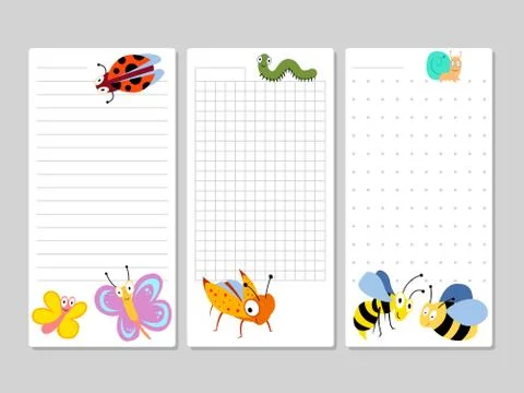 Kids pages for notes and to do lists with cartoon insects Illustrazione stock