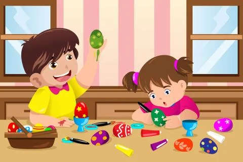 Kids painting Easter eggs Stock Illustration