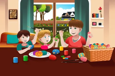 Kids painting Easter eggs Stock Illustration