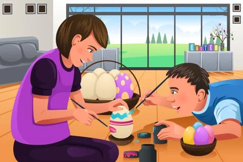 Kids Painting Easter Eggs Stock Illustration