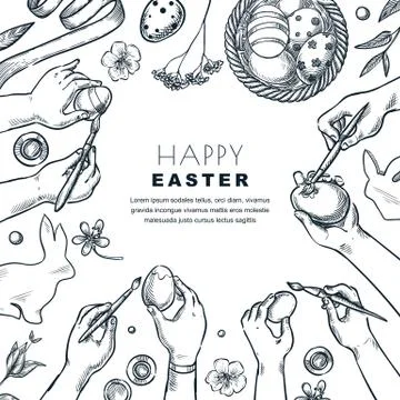 Kids painting Easter eggs. Vector top view sketch illustration of children ar Stock Illustration