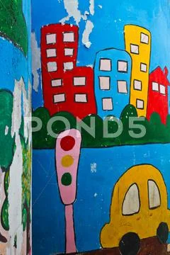 Kid's painting of universe with planets ,sun and stars Stock Illustration