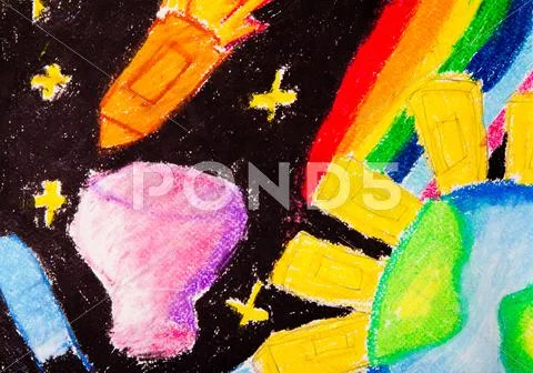 Kid's painting of universe with planets ,sun and stars Stock Illustration
