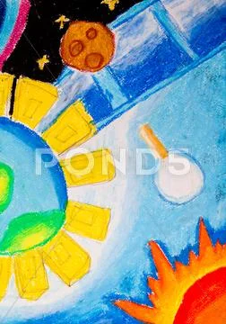 Kid's painting of universe with planets ,sun and stars Stock Illustration