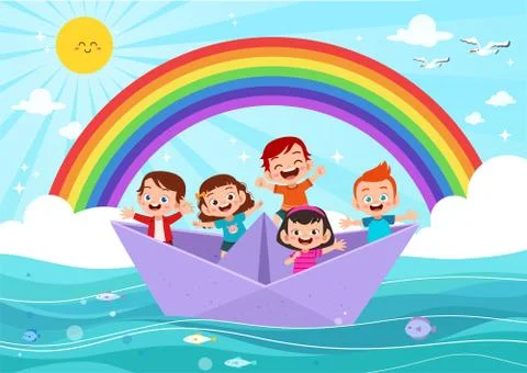 Kids on the paper ship vector Stock-Illustration