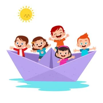 Kids on the paper ship vector Stock-Illustration
