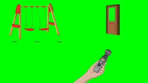 Kids park swing set open wood door hand holding remote ceiling lamps 2d Stock Footage 334703049