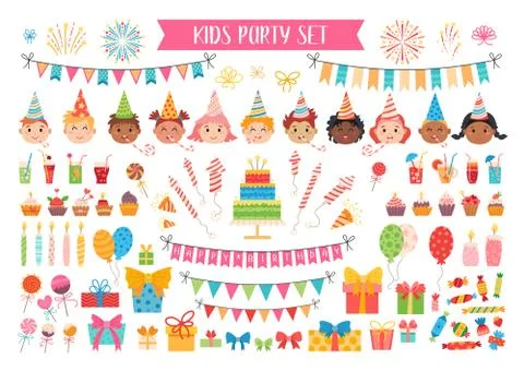 Kids party elements set. Flat birthday collection Stock Illustration