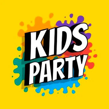 Kids party poster. Vector flat illustration. Cartoon letters and splashing co 库存插图