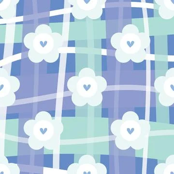 Kids pattern on blue stripe background with cute hand draw flower and hearts Stock Illustration