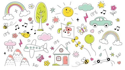 Kids pattern. Children cute background. Happy baby icons. Childish sketch. .. Stock Illustration