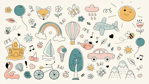 Kids pattern. Children cute background. Happy baby icons. Childish pencil ske Illustrazione stock