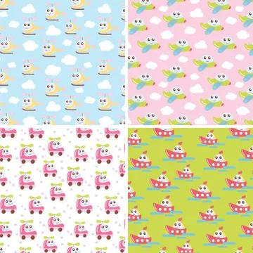 Kids patterns set with cute car, airplane, helicopter, ship. Flat vector te.. Illustrazione stock