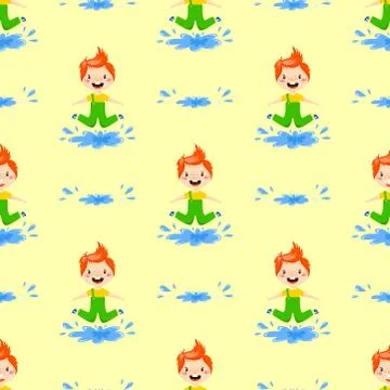Kids play enjoy spring arrival warm summer little characters seamless pattern Stock Illustration