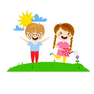 Kids play enjoy spring arrival warm summer little characters happy playing Stock Illustration